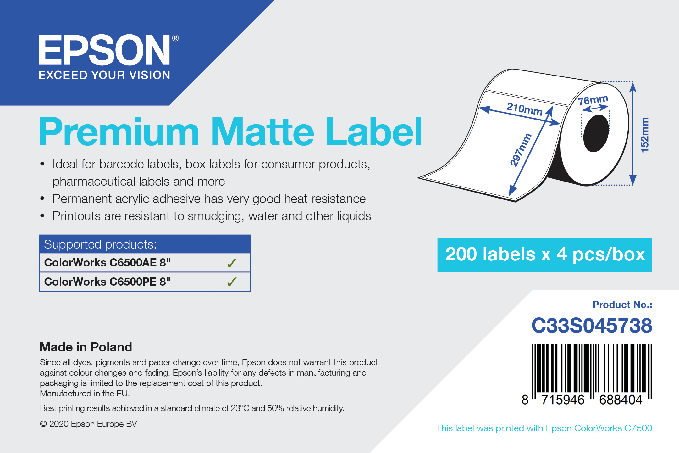 Epson Premium - Glatt matt - permanenter Acrylklebstoff - hochweiß - A4 (210 x 297 mm) 800 Etikett(en) (4 Rolle(n) x 200) gestanzte Etiketten - für ColorWorks CW-C6500Ae, CW-C6500Pe