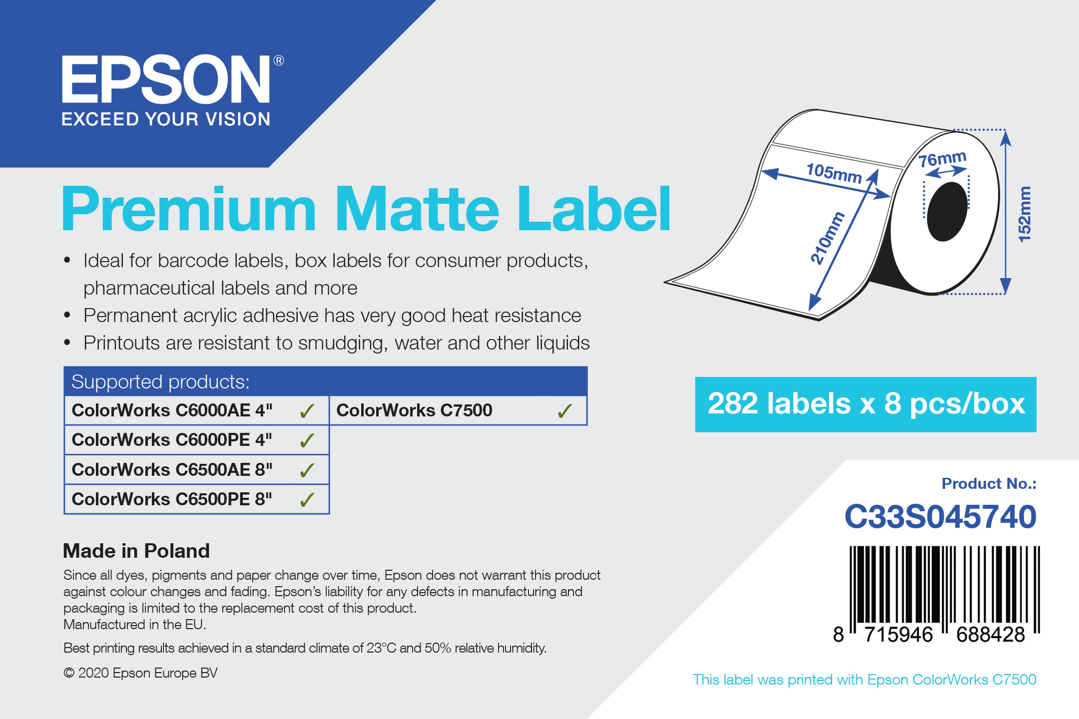 Epson Premium - Matt - permanenter Acrylklebstoff - hochweiß - 105 x 210 mm 2256 Etikett(en) (8 Rolle(n) x 282) gestanzte Etiketten - für ColorWorks CW-C6000Ae, CW-C6000Pe, CW-C6500Ae, CW-C6500Pe