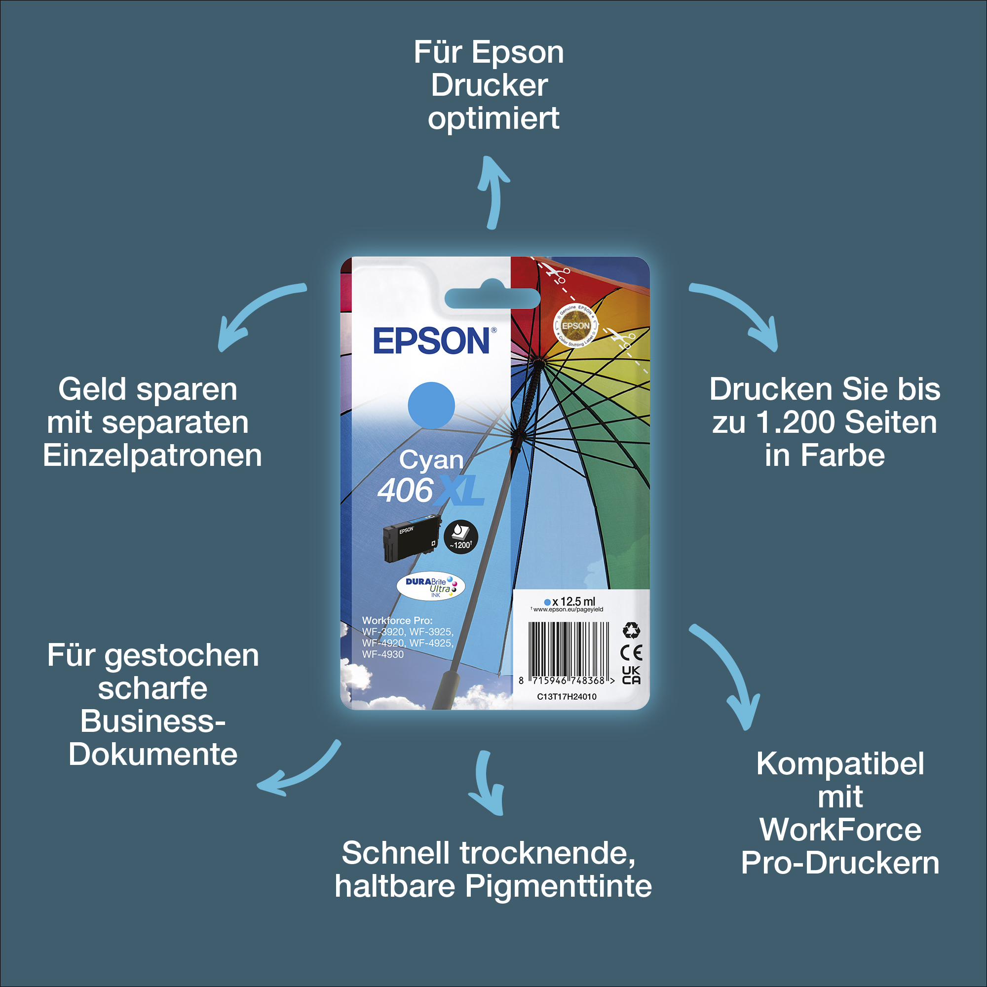 Epson Original 406XL Umbrella DURABrite Ultra Druckerpatrone - cyan C13T17H24010