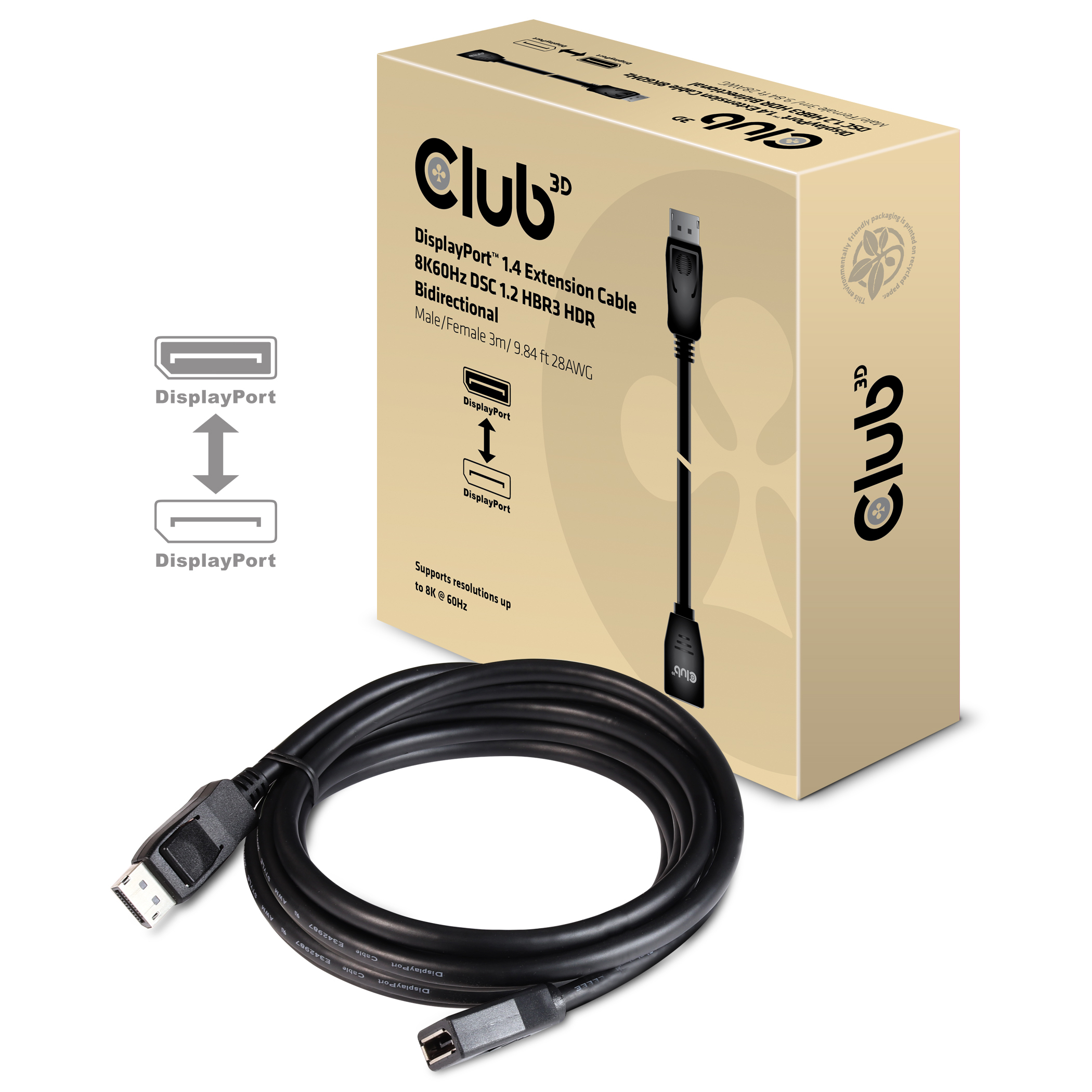 Club 3D - DisplayPort-Verlängerungskabel - DisplayPort (W) bis DisplayPort (M) eingerastet - DisplayPort 1.4 - 3 m - 8K Unterstützung