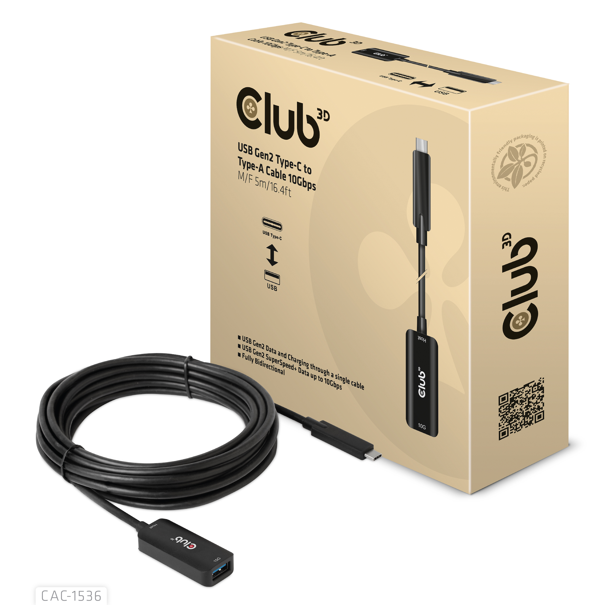Club 3D - USB-Verlängerungskabel - USB-C (M) bis USB Typ A (W) - USB 3.1 Gen 2 - 900 mA - 5 m - USB-Strom, bi-direktional