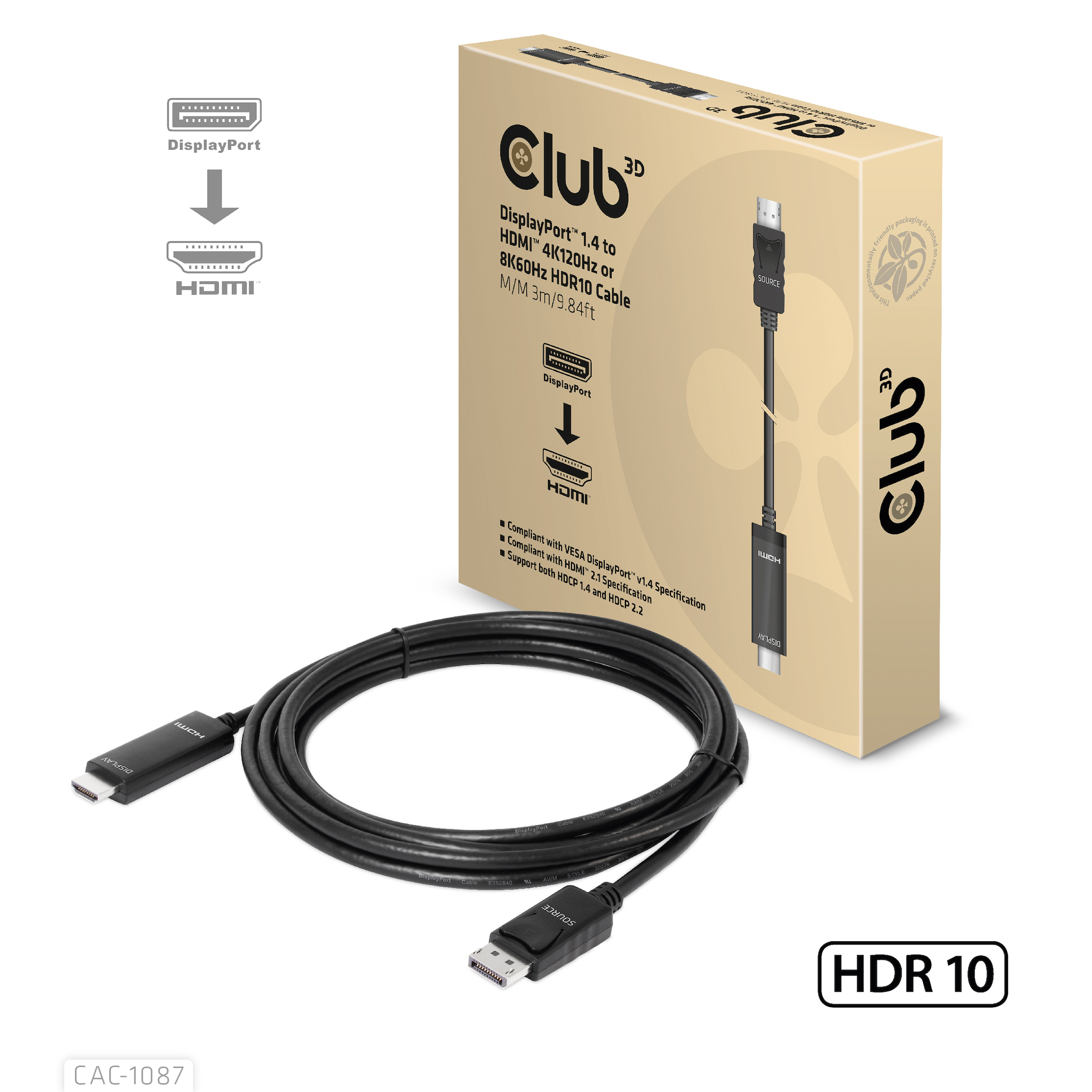 Club 3D - Adapterkabel - DisplayPort männlich zu HDMI männlich - 3,0m - Support von 4K 120 Hz, Support von 8K 60 Hz, support Dynamic HDR10 (CAC-1087)