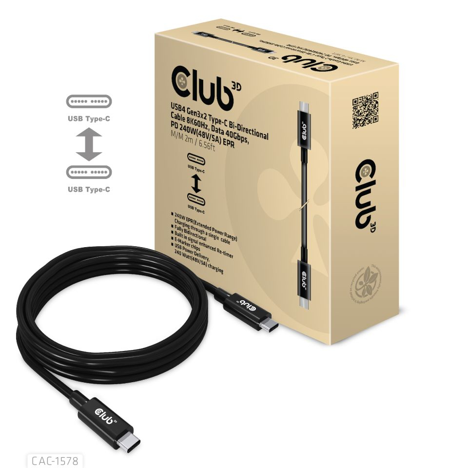 Club 3D - USB-Kabel - 24 pin USB-C (M) zu 24 pin USB-C (M) - USB4 Gen3x2  5 A - 2,0m - Support von 8K 60 Hz, bi-direktional, Baureihe mit erweitertem Leistungsbereich (EPR, USB-Stromversorgung (240 W), bis zu 40 Gbps Datentransferrate (CAC-1578)