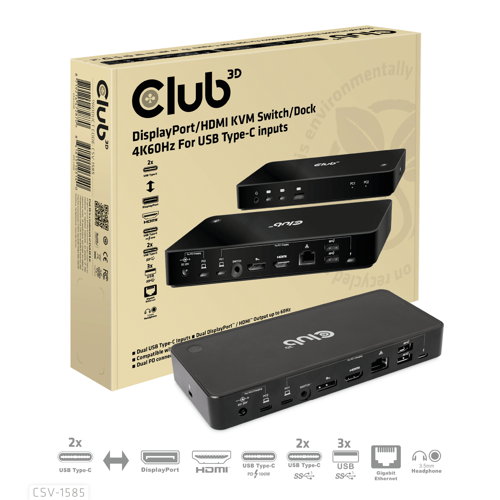 Club 3D CSV-1585 - Dockingstation - USB-C x 2 - DP, HDMI - 1GbE - 120 Watt (CSV-1585)