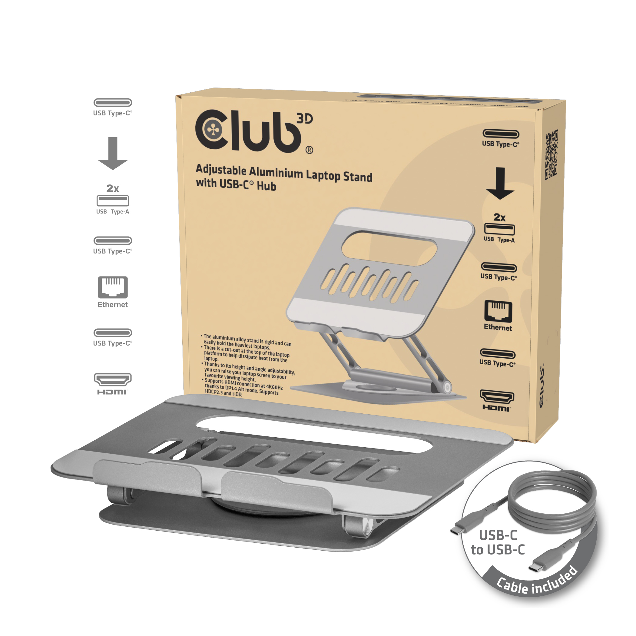 Club3D Laptopständer mit USB-C HUB 100W 360° 4K60Hz (CSV-2554)