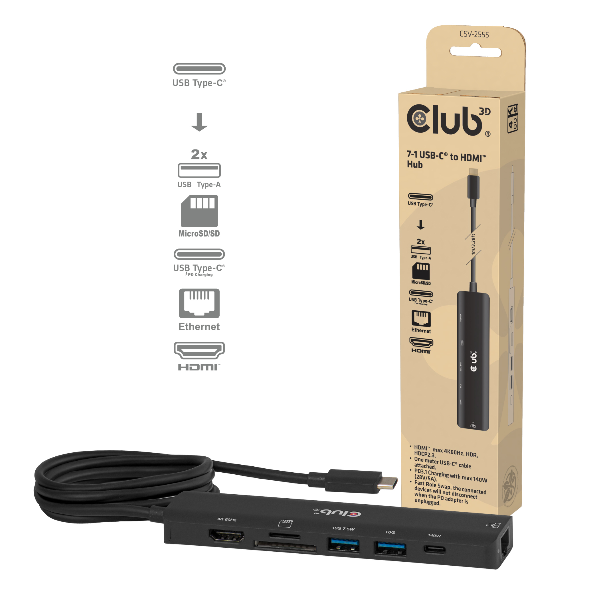 Club3D USB-C 7in1-HUB >HDMI/2xUSB/USB-C/LAN 4K60Hz PD140W retail (CSV-2555)