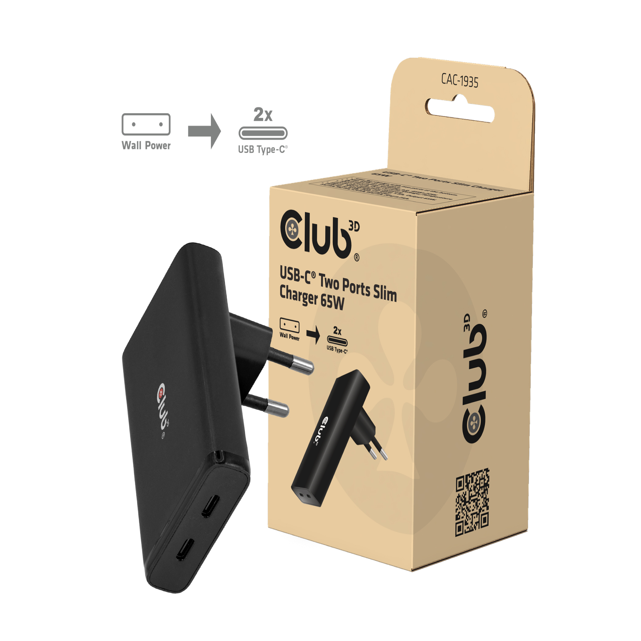 Club3D Ladegerät 2xUSB Typ C Slim PD3.1 65W, GaN retail (CAC-1935)