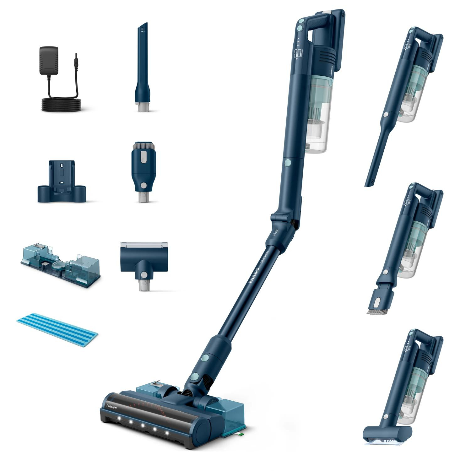 Philips XC5244/10 Flex-it 5000 Series Akku Staubsauger (60 Minuten Laufzeit, LED-Düse, Hartböden & Teppich, Aquamodul, Fugendüse, 2-in-1 Kombinationsdüse, MiniTurbo Bürste   Salbeiblau)
