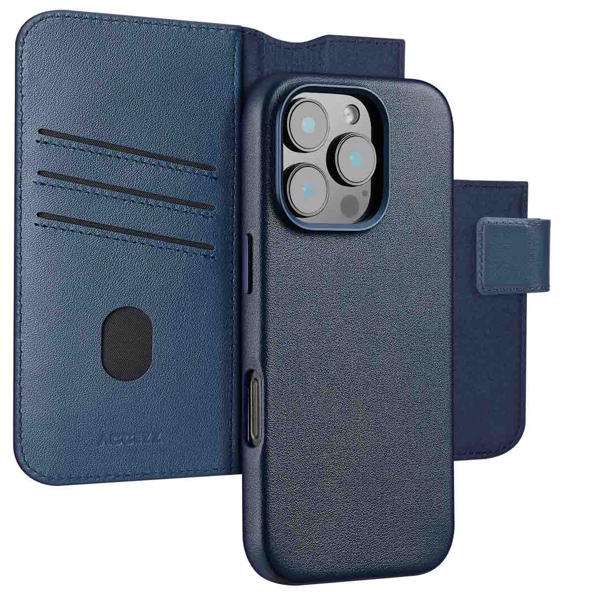 Accezz 2-in-1 Klapphülle aus Leder mit MagSafe für das Apple iPhone 16 Pro Max - Nightfall Blue
